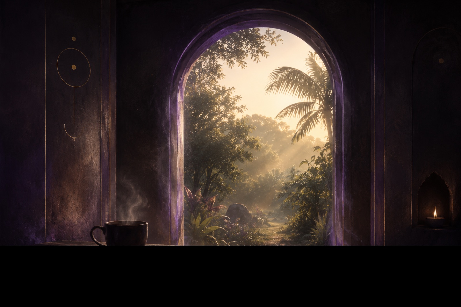 Um cômodo em penumbra com uma xícara de café fumegando e uma vela acesa; pelo arco aberto, uma mata banhada de luz dourada respira do outro lado.