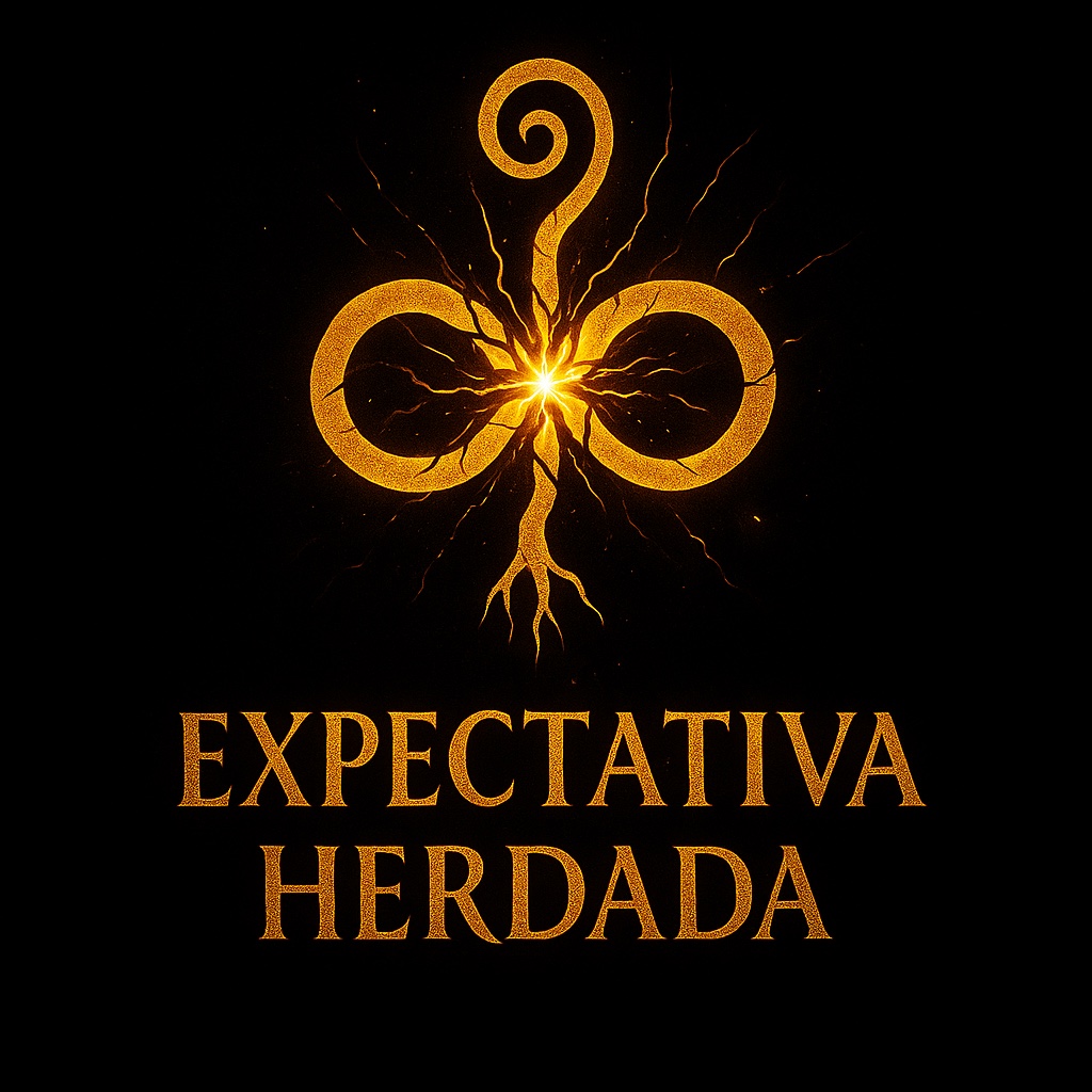 Selo dourado de um símbolo do infinito com uma espiral subindo e raízes descendo, rachado por uma explosão de luz no centro; abaixo, o título Expectativa herdada