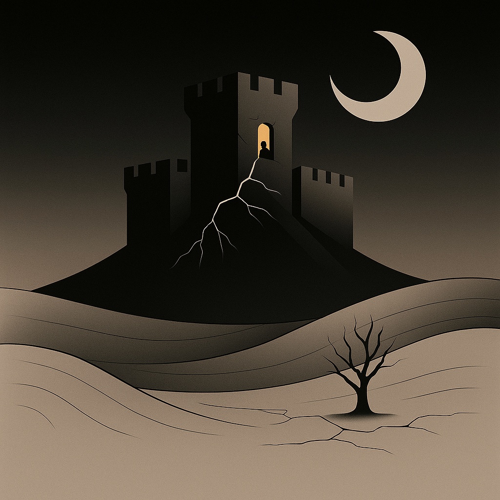 Fortaleza escura no alto de uma colina sob a lua crescente; uma figura solitária observa da única janela acesa, e uma rachadura desce da torre como um raio