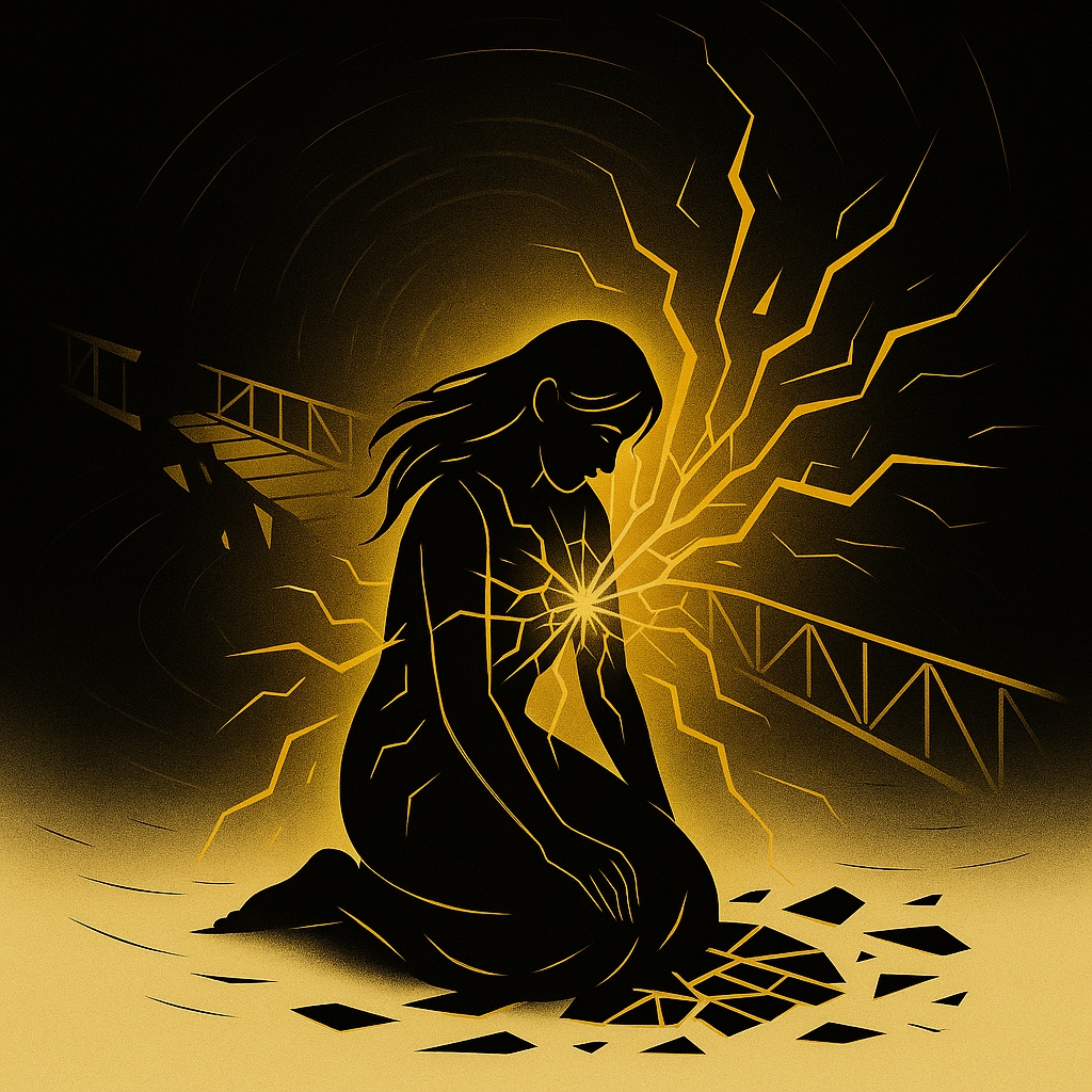 Mulher ajoelhada entre cacos escuros, o corpo atravessado por veios de luz dourada que irradiam de um ponto no peito, como um kintsugi vivo