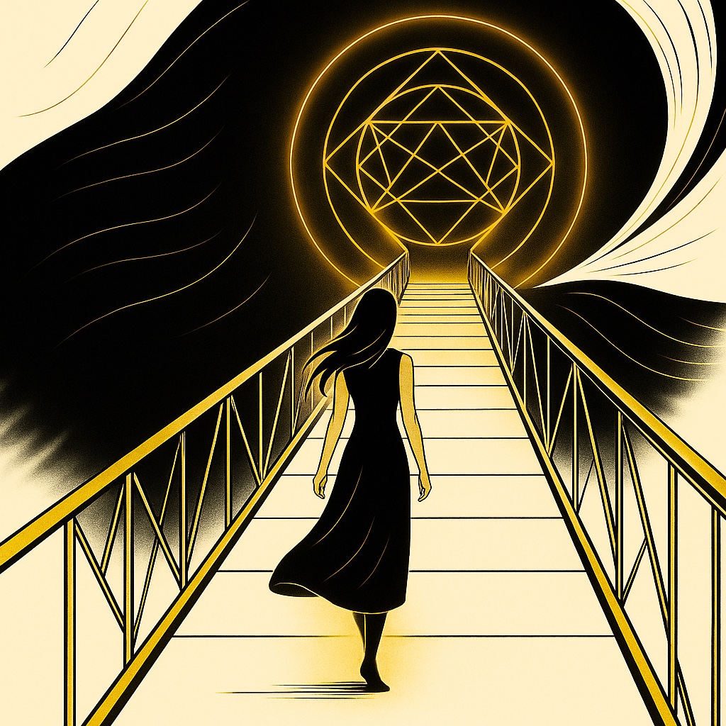 Mulher de preto atravessando uma ponte dourada em direção a um símbolo de luz